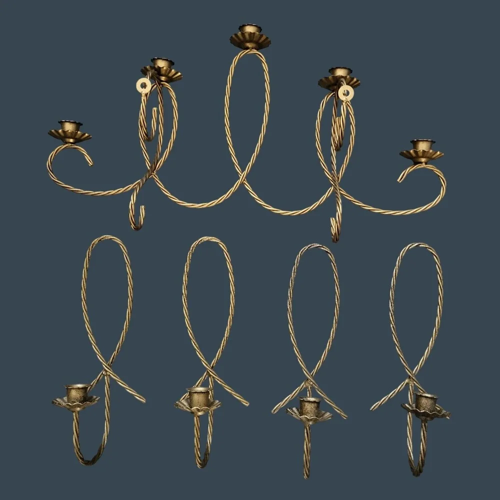Vintage MCM Wall Candle Holder & Sconce Set Gold Tone Gilt Metal Rope Twisted